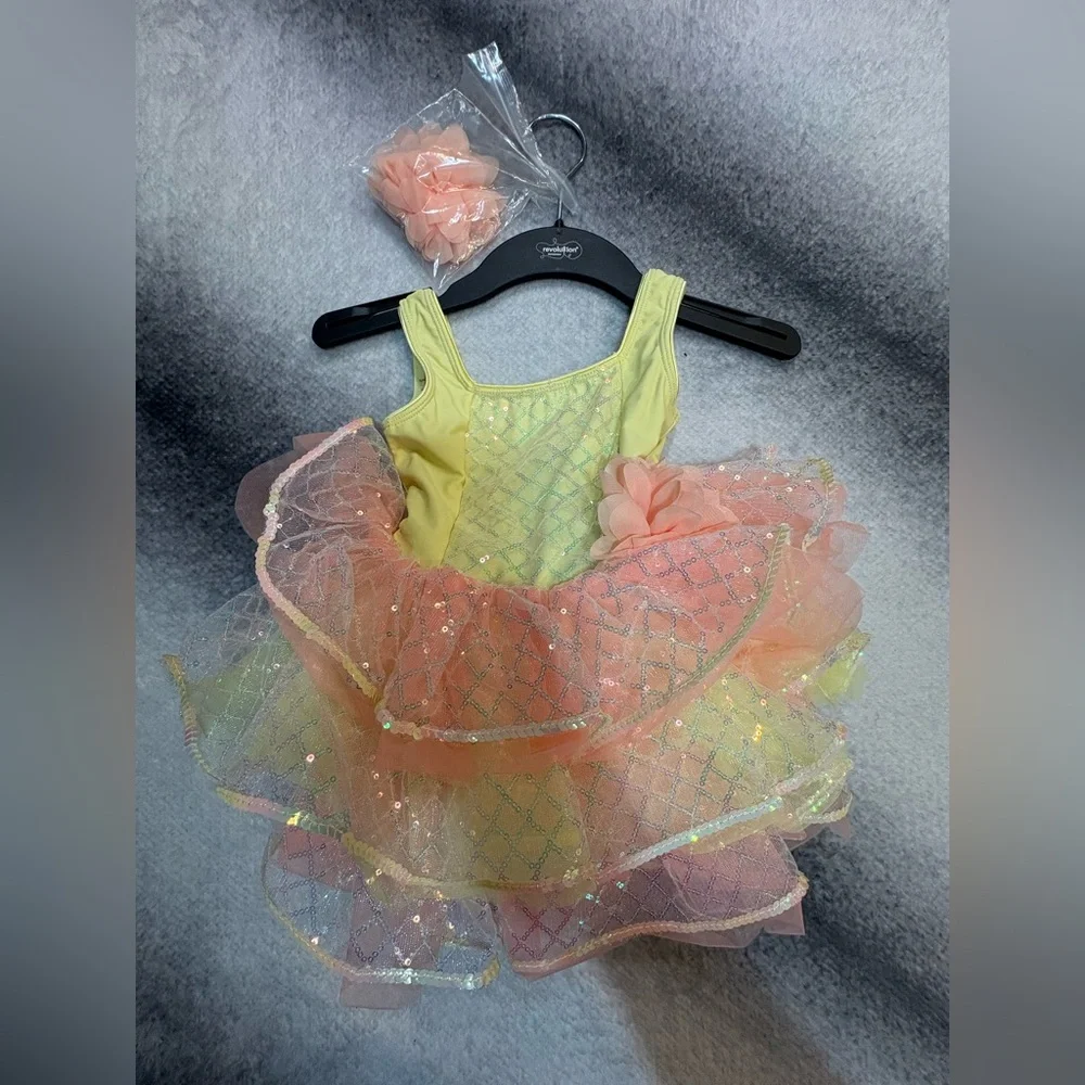 Revolution Dancewear Girl’s Yellow Peach Mesh Sequin Ruffle Costume Dress SC - Picture 6 of 9